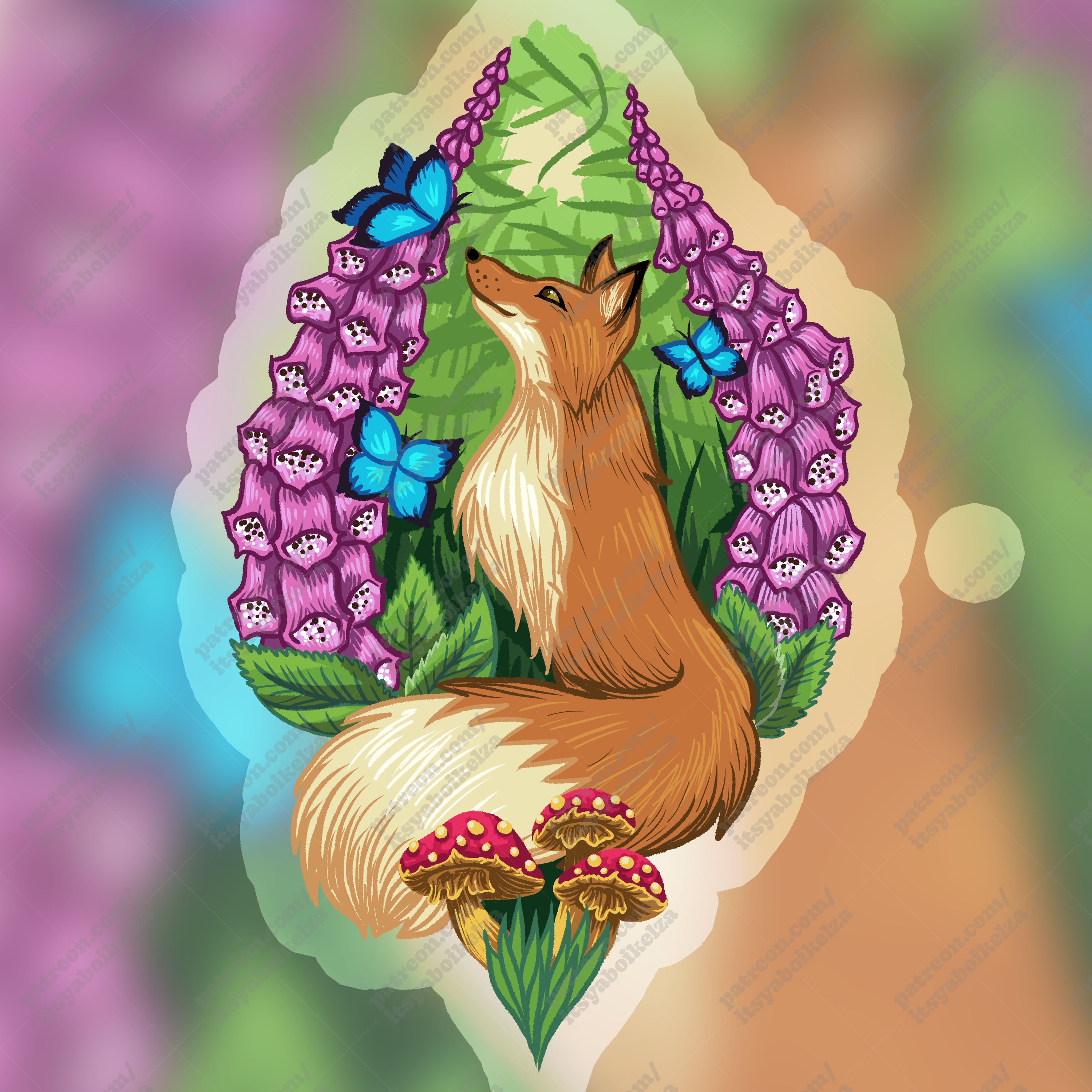 Fox and Foxglove Daytime Holographic Sticker