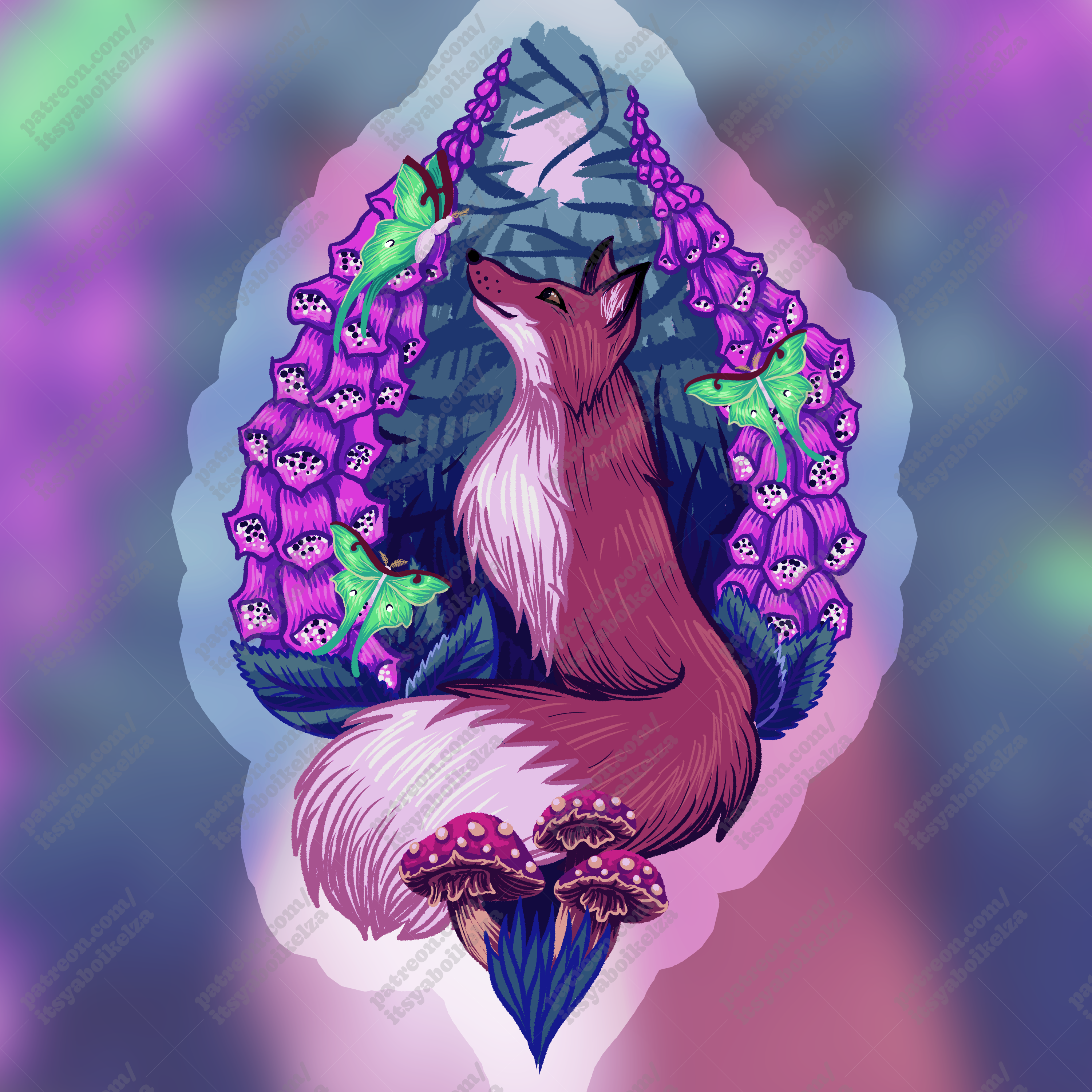 Fox and Foxglove Nighttime Holographic Sticker