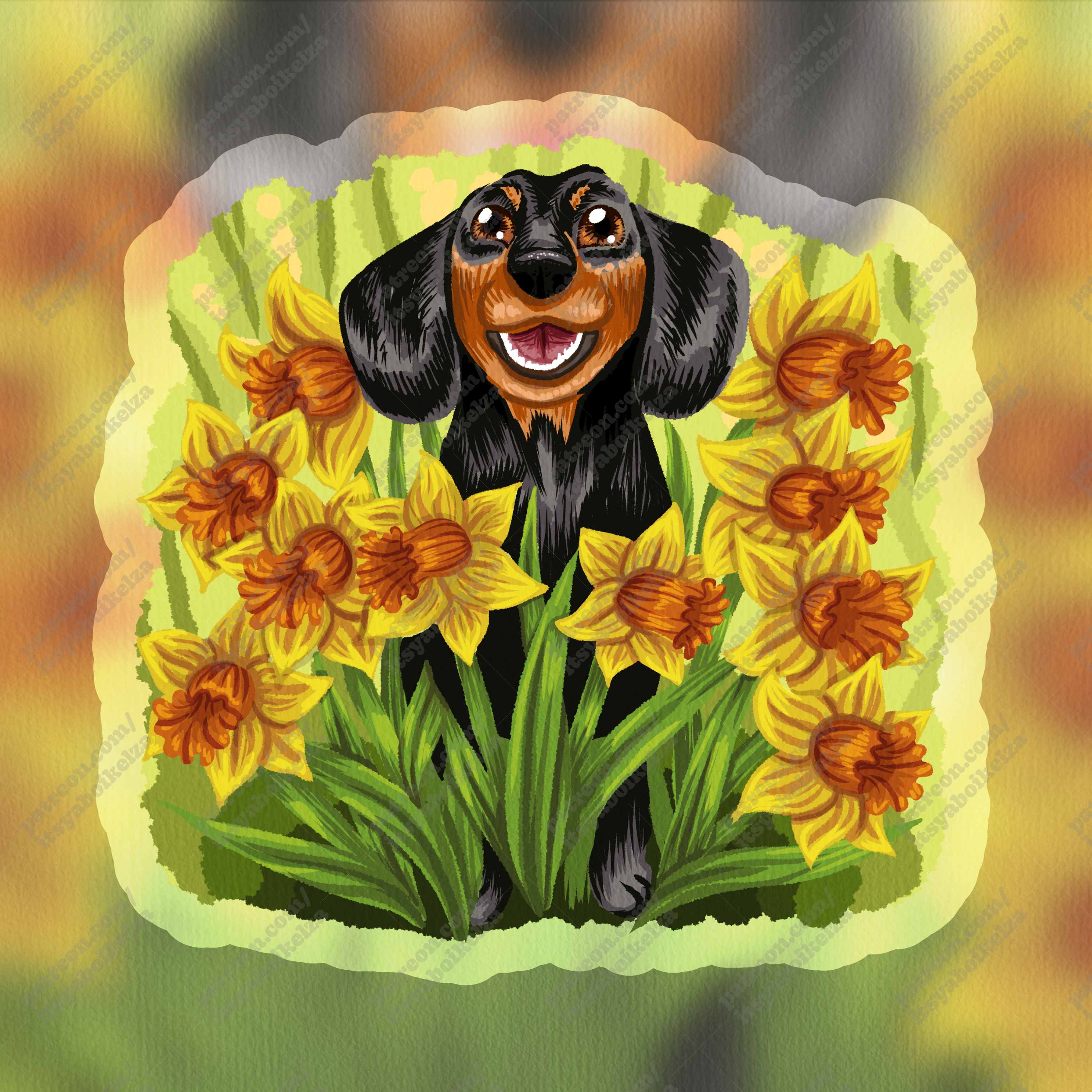 Dachshund in Daffodils Holographic Sticker