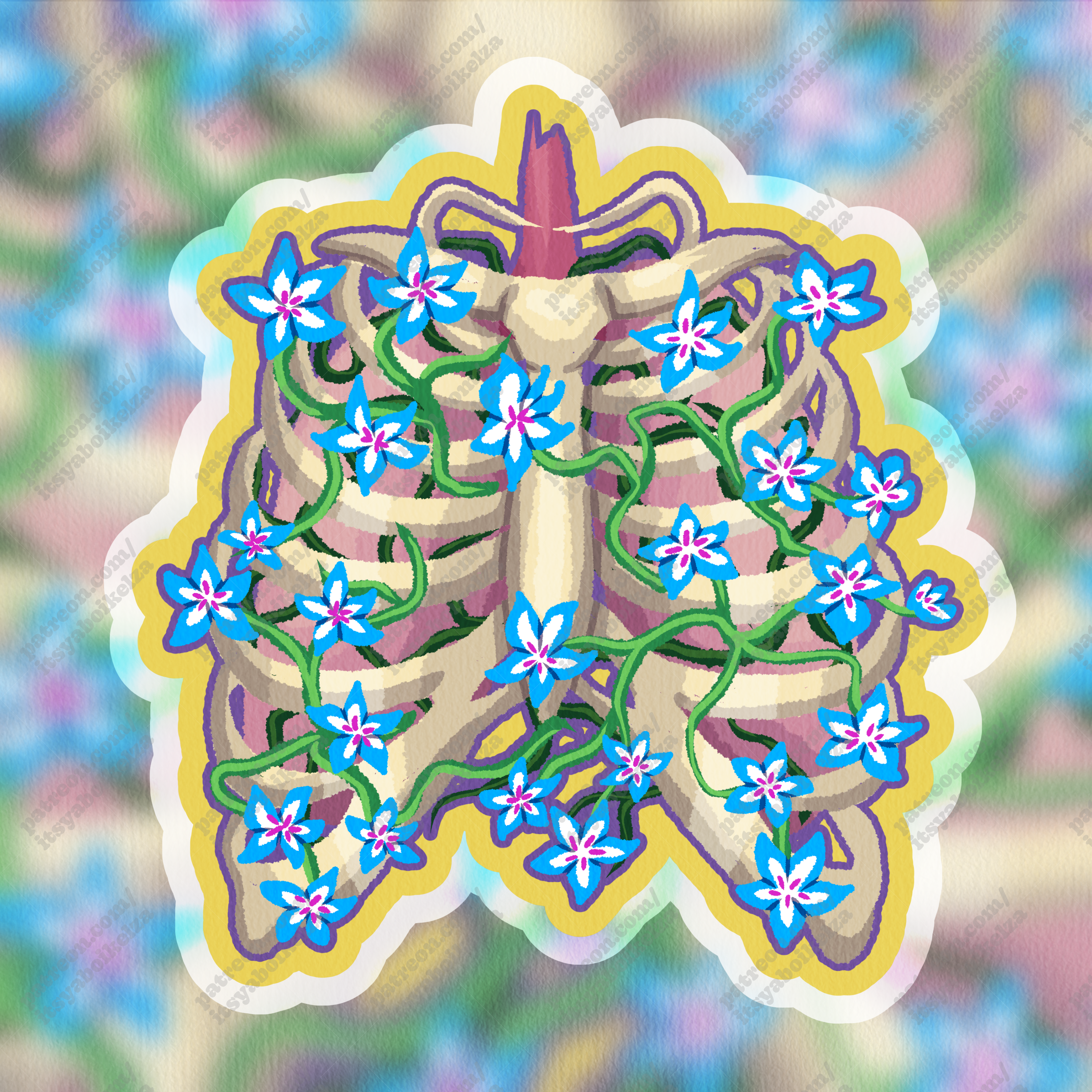 Floral Lungs and Ribcage Holographic Sticker
