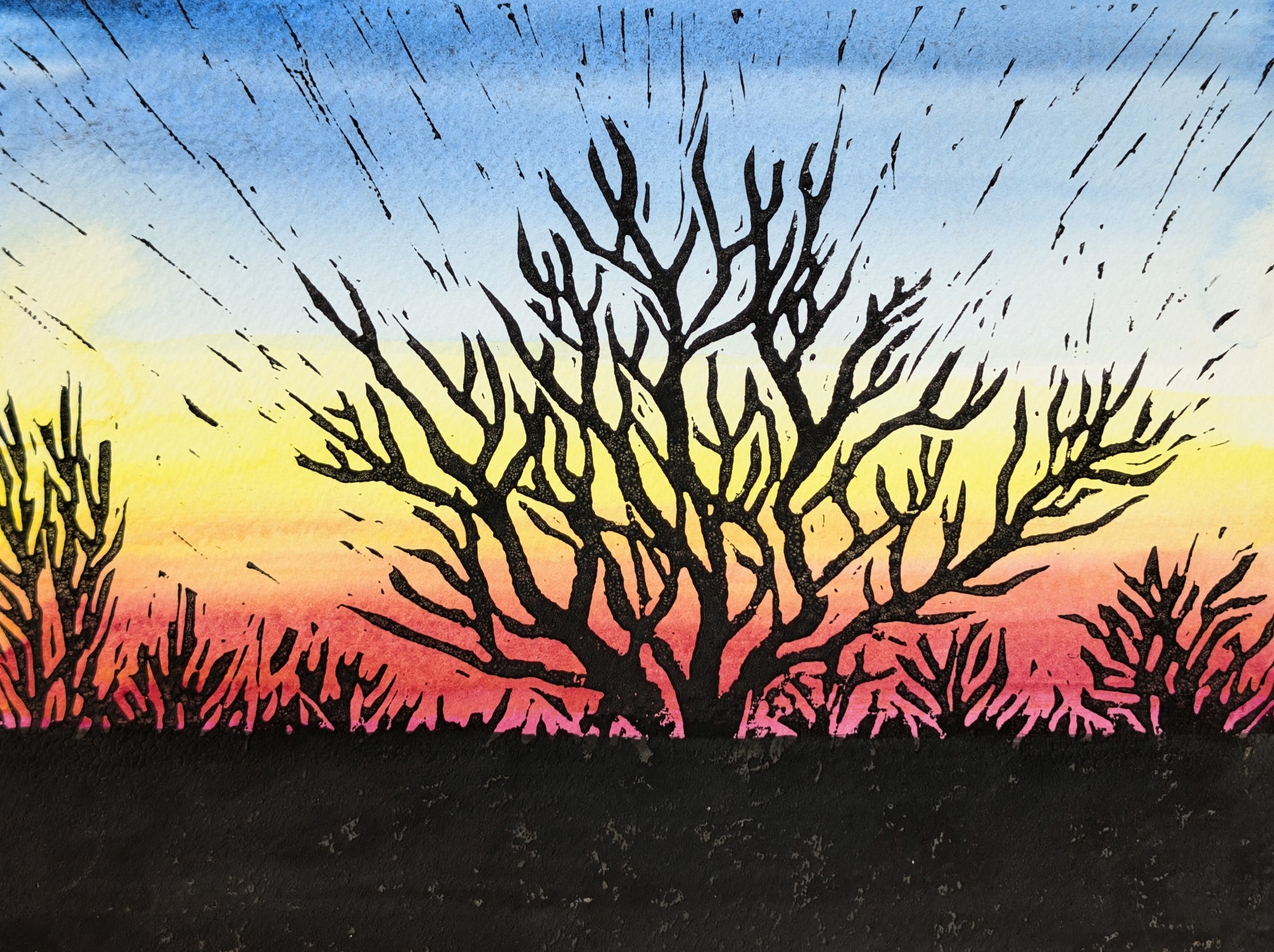 Sunset in March - 15x20 Lino Print